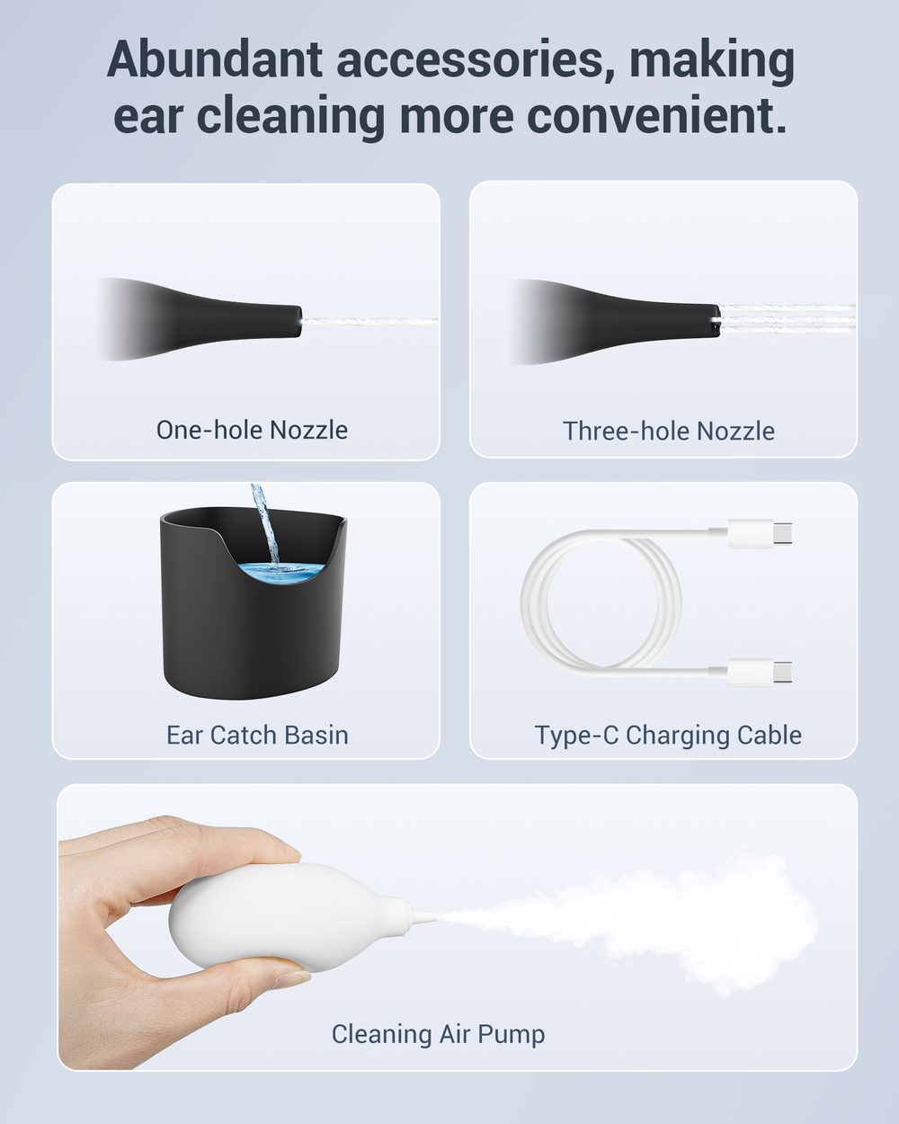 SEEDEAR ear cleaner accessories — nozzles, catch basin, charging cable and air pump